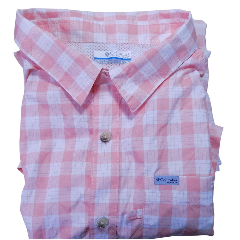 Columbia PFG Mens XL Pink Gingham Short Sleeve Fishing Shirt Omni-Shade FM1039 - Picture 2 of 11